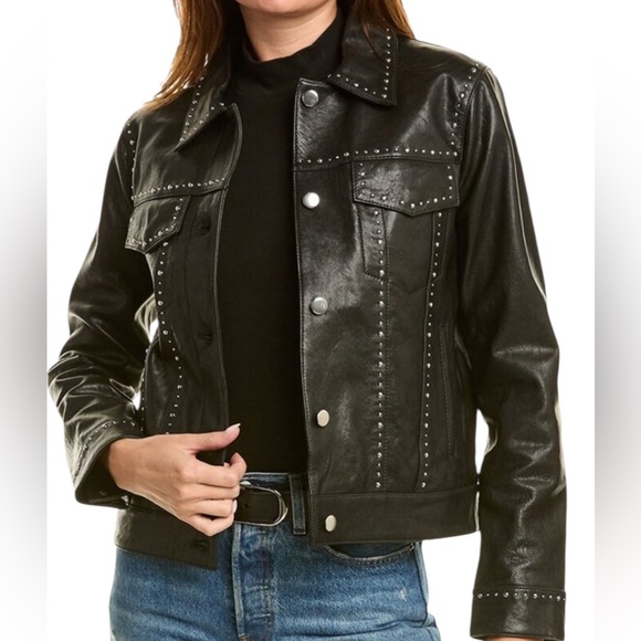 $945 THE KOOPLES black Genuine Leather Studded Jacket Women's XS/ S Winter Y2K